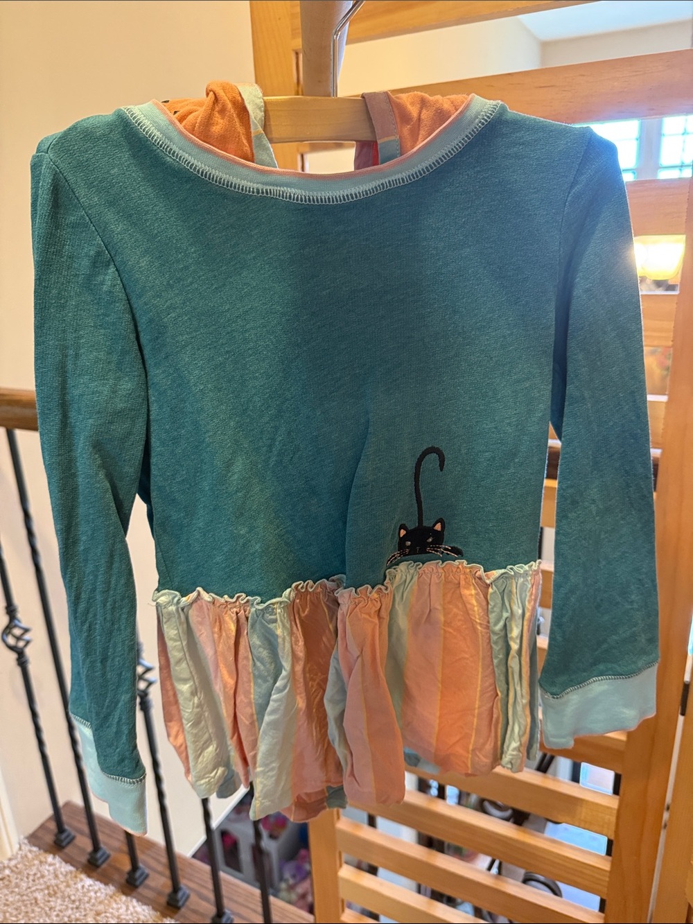 Matilda Jane Teal Hoodie Top with Peach & Light Blue Ruffle and Cat